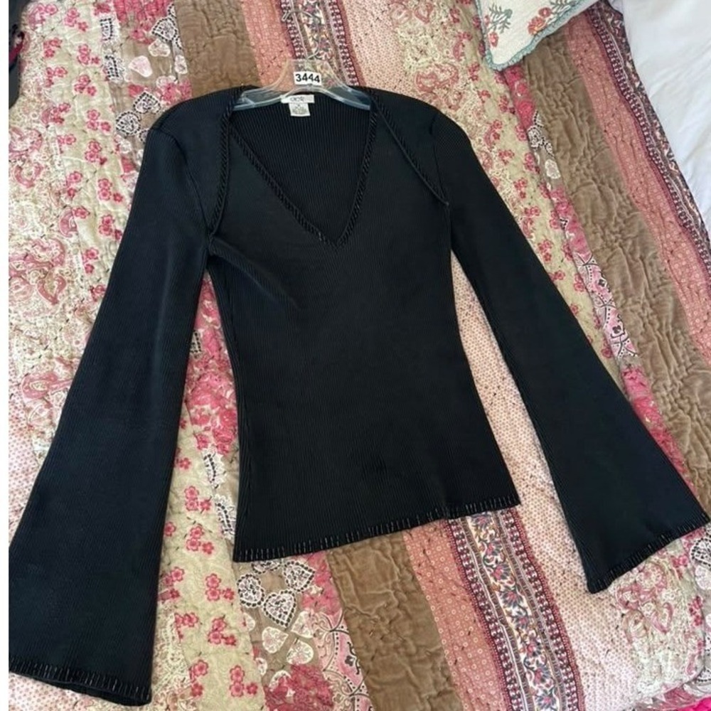Cache Womens Silk Blend Ribbed Knit Beaded V-Neck Bell Sleeve Top Black Medium